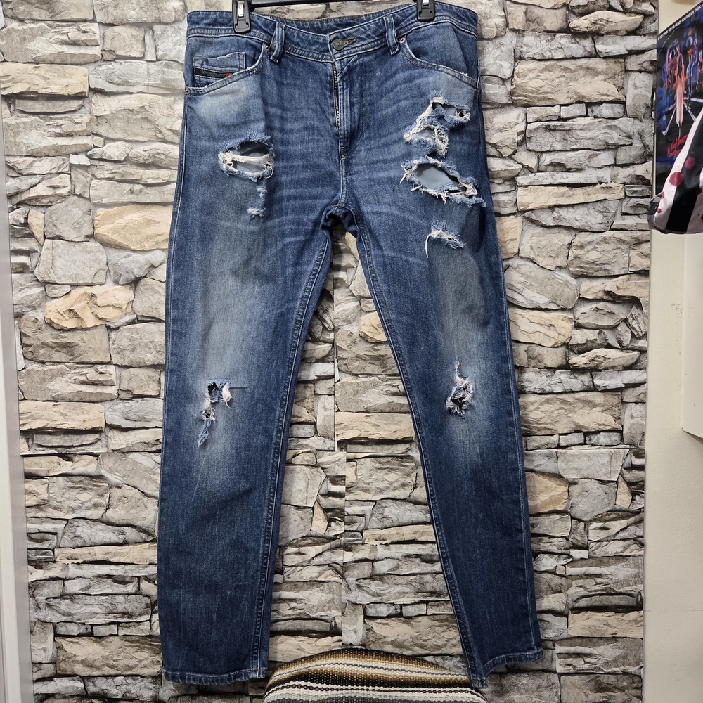 Diesel Slim Skinny  Thommer-C Blue Distressed Jeans with Ripped Distressed